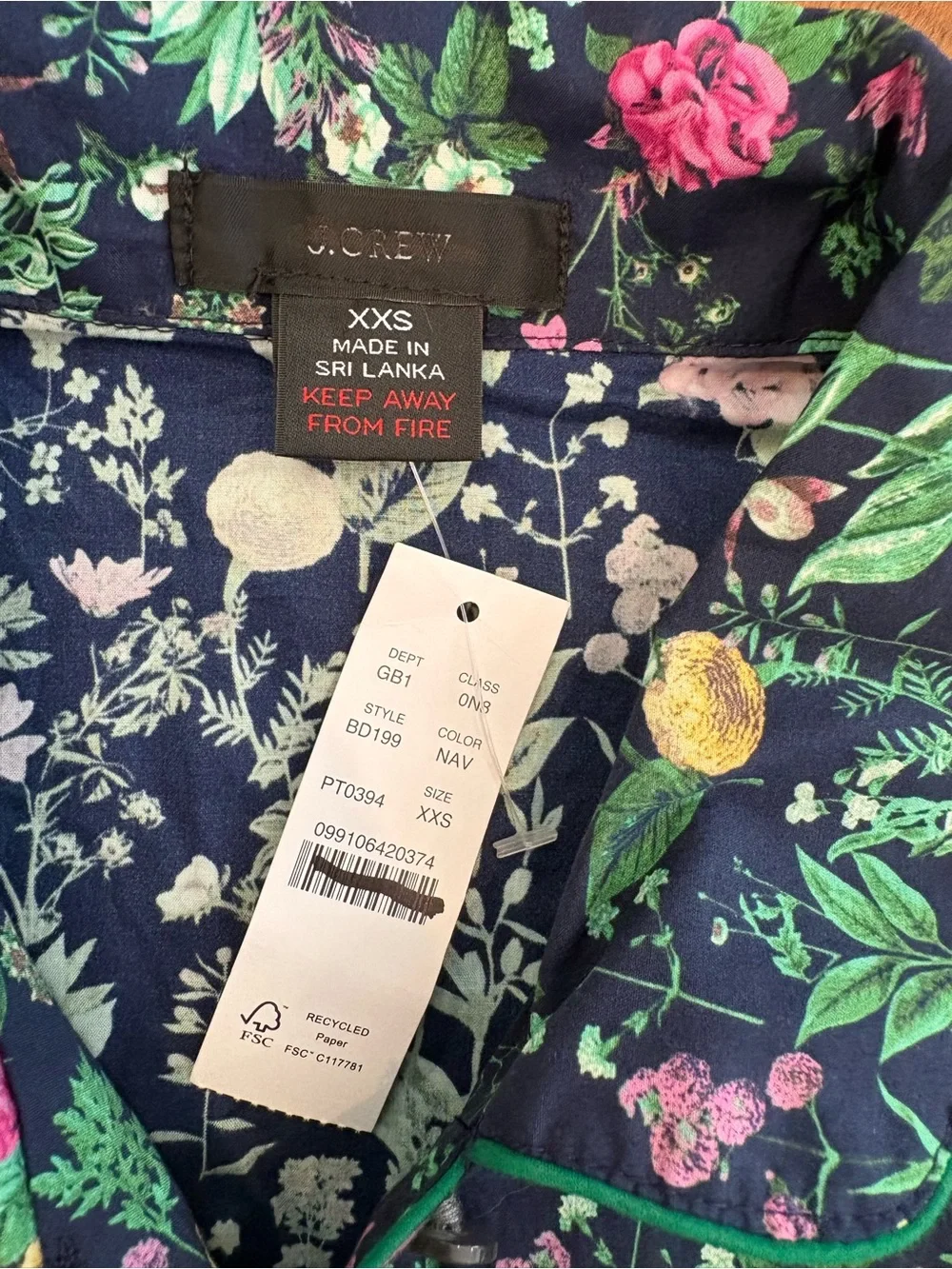 J. Crew Cotton Poplin Lounge Top Navy Green Floral Button Front PajamasXXS NWT